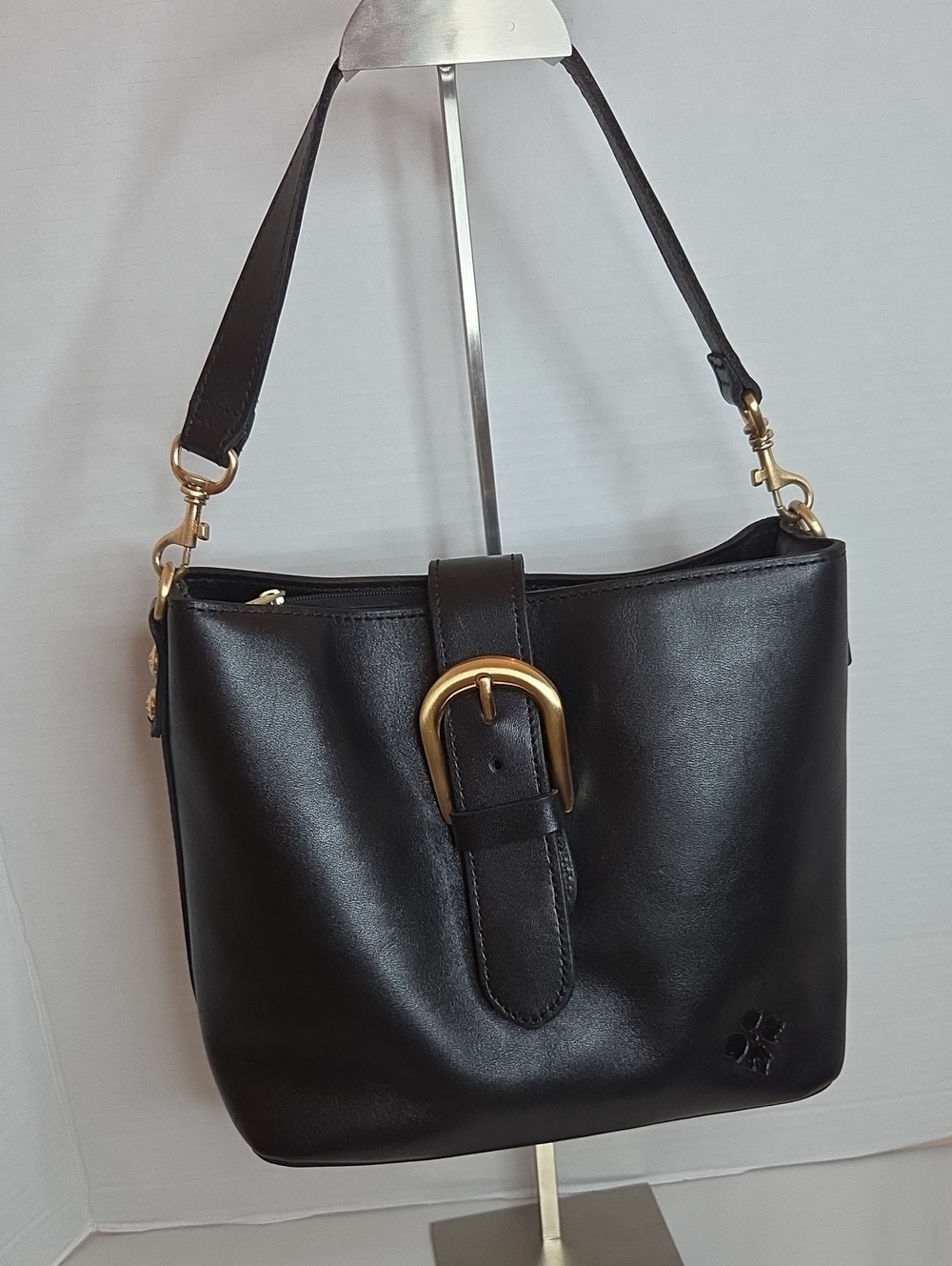 Patricia Nash Black Leather Shoulder Bag with Gold Buckle